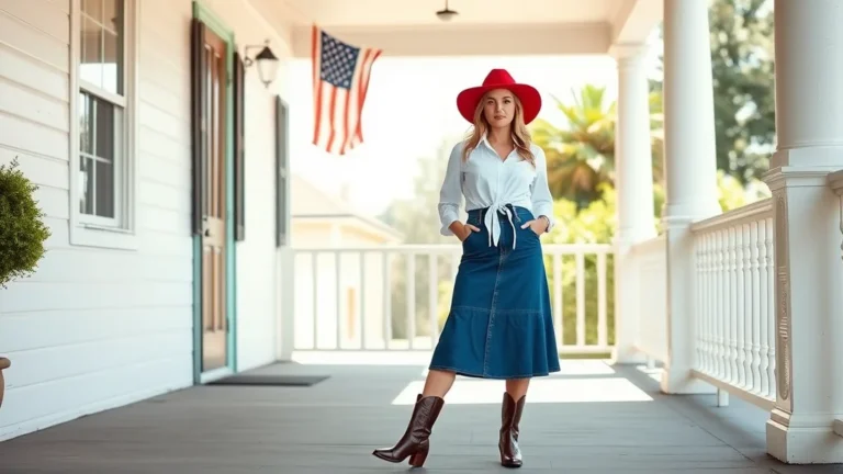 7 Viral Western 4th of July Outfit Ideas for a Stunning Americana Aesthetic 3 A woman stands confidently in a festive western outfit consisting of a white shirt, denim skirt, and red hat, posing against a clean, sunlit background.