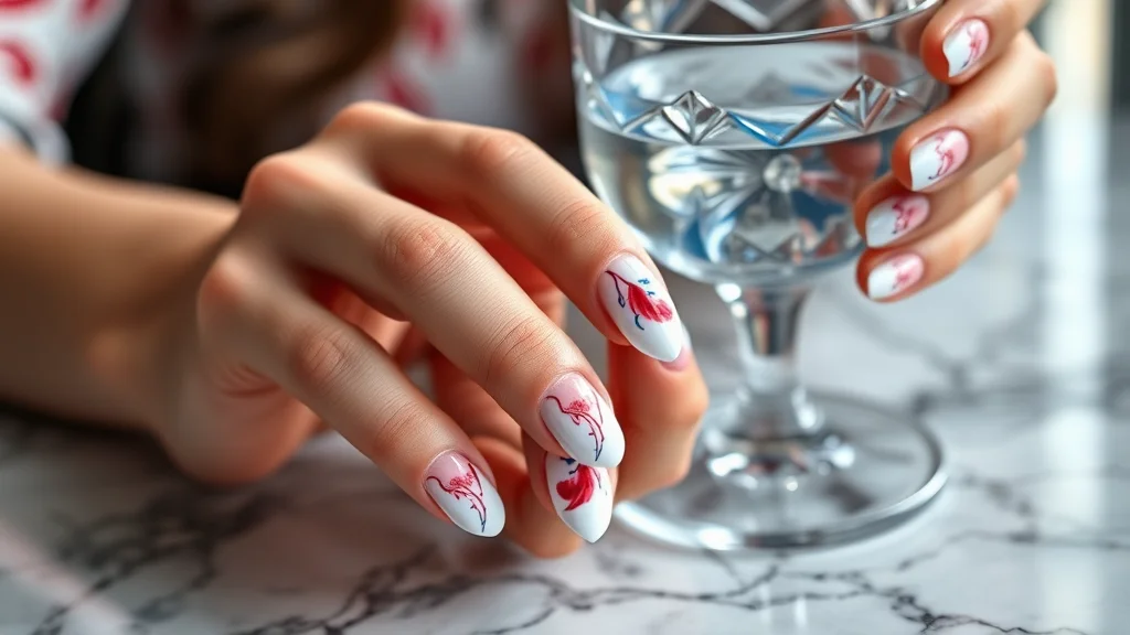 7 Viral 4th of July Nails Blooming Gel Designs You Need to Try 1 Close-up of almond-shaped nails with red, white, and blue blooming gel designs, held elegantly against a marble backdrop with a drink in hand.