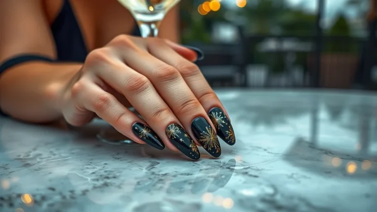 A close-up shot of a woman's hands featuring luxurious firework nail art in gold and midnight blue, captured while holding a glass of champagne in a high-end setting.