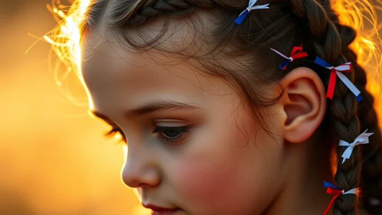 7 Patriotic 4th of July Hairstyles for Kids That Will Steal the Show 1 A close-up portrait of a young girl with festive, patriotic hair accessories woven into her braids, captured in soft, glowing natural light.