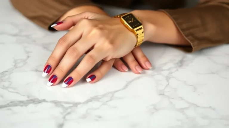 7 Patriotic Nails Designs That Are Actually Chic: The Ultimate Luxury Manicure Guide 13 A close-up shot of well-manicured almond-shaped nails featuring elegant red, white, and blue tips resting on a luxury marble surface.