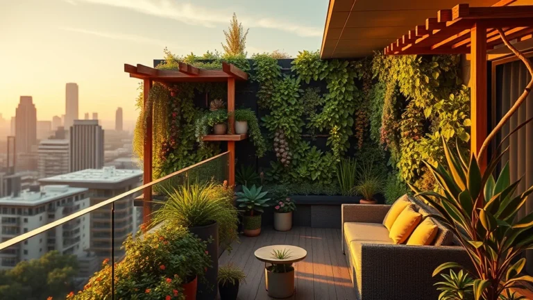 Biophilic Modular Garden Walls: DIY Systems for Small Urban Balconies 10 A luxurious biophilic modular garden wall on a modern urban balcony, showcasing native succulents and advanced vertical gardening systems.