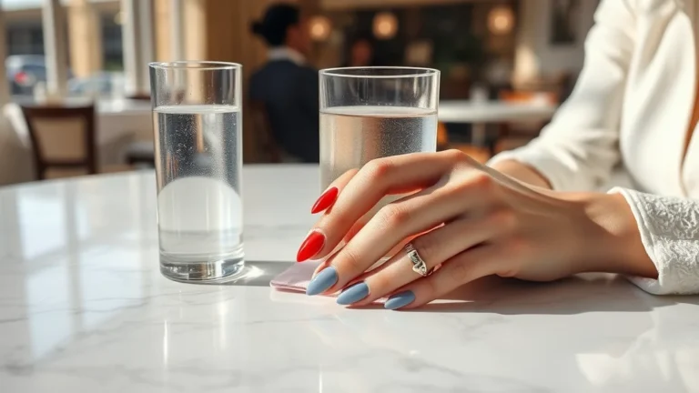 10 Chic Ways to Wear Red White and Blue Nails for Any Occasion 13 Close-up of elegant almond-shaped nails featuring red, white, and blue geometric nail art, held by a woman in a luxury setting.
