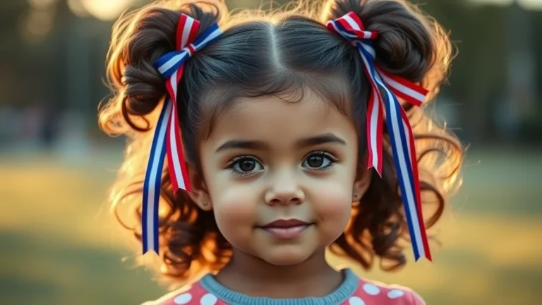 7 Viral 4th of July Toddler Hair Ideas That Stay Put All Day 8 A close-up shot of a toddler with styled pigtails featuring patriotic red, white, and blue ribbons under warm sunset lighting.