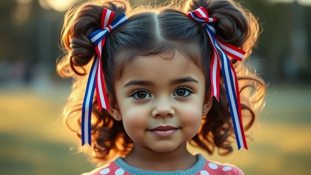 7 Viral 4th of July Toddler Hair Ideas That Stay Put All Day 1 A close-up shot of a toddler with styled pigtails featuring patriotic red, white, and blue ribbons under warm sunset lighting.