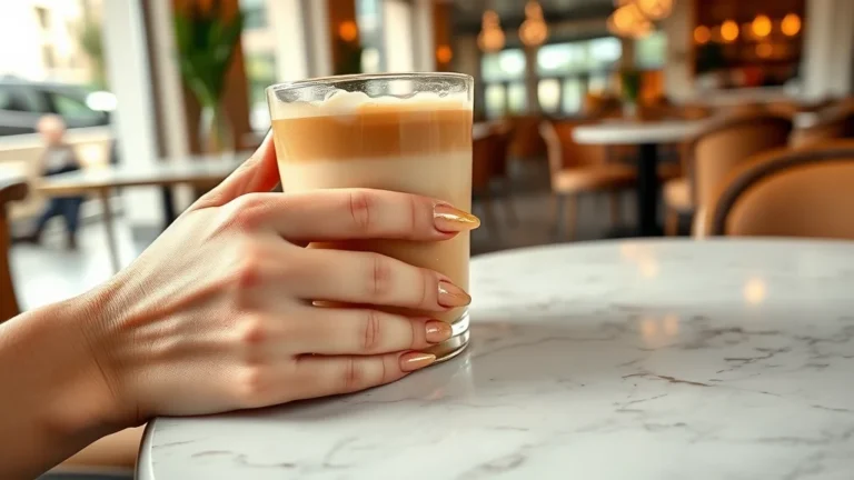 A woman's manicured hands resting on a luxury marble table holding a coffee, featuring almond-shaped nails with a sunset-inspired gradient, captured in soft golden hour lighting.