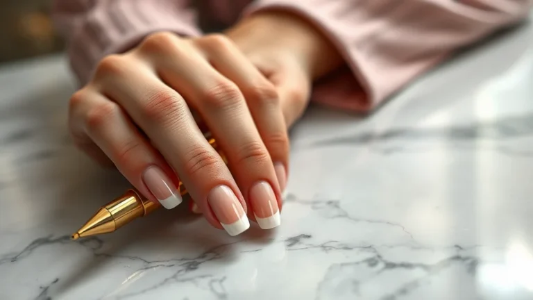 10 Chic Nail Ideas Back to School: Elevate Your Academic Aesthetic 11 Close up of elegant almond-shaped nails with a chic glazed French manicure design on a marble background.