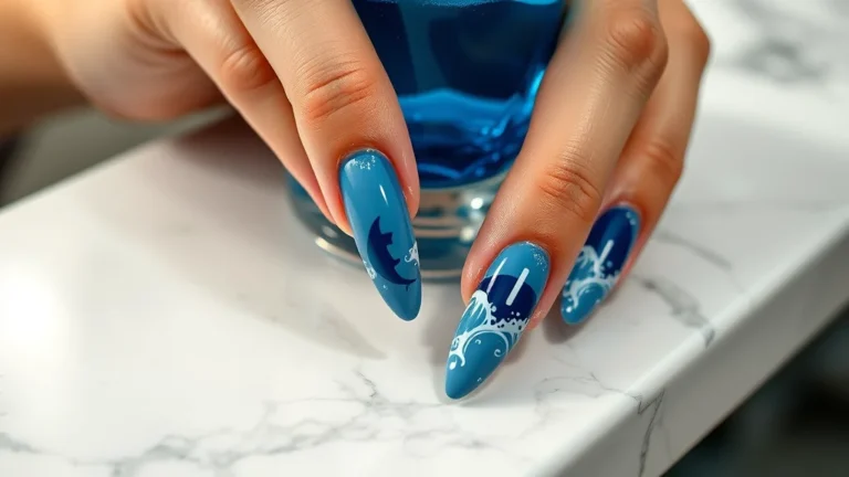 Luxury Shark Week nails with intricate shark art on almond-shaped nails.