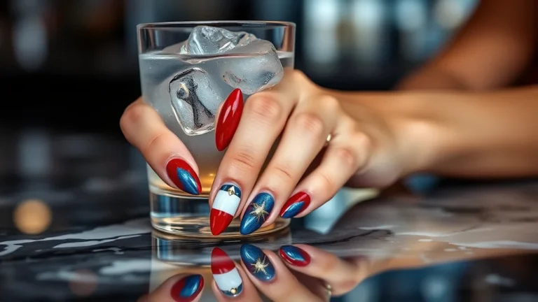 7 Viral 4th of July Nails 2026 Looks You Need to Try 2 A close-up shot of a woman's hand with elegant almond-shaped nails painted in red, white, and blue star patterns, resting on a marble table.