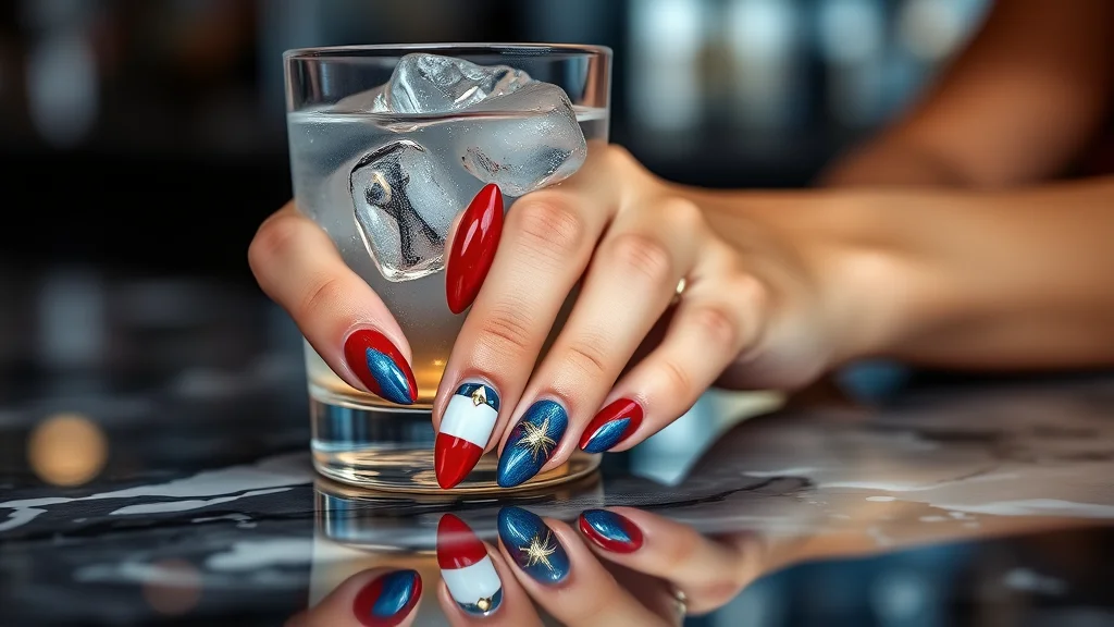 A close-up shot of a woman's hand with elegant almond-shaped nails painted in red, white, and blue star patterns, resting on a marble table.