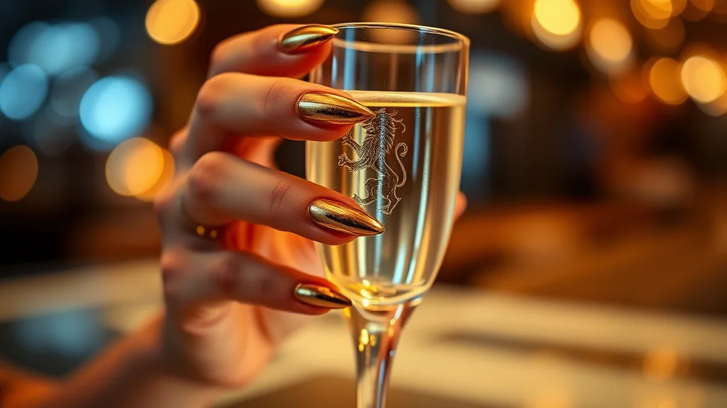 Close-up of luxurious almond-shaped gold Leo birthday nails held near a champagne flute.