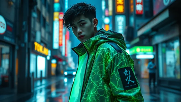 A fashion model wearing sustainable mycelium leather tech-core streetwear in a futuristic urban setting.
