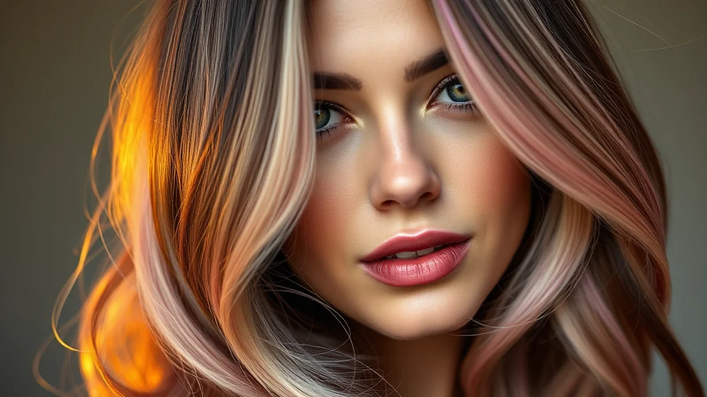 Model with stunning tri-tone Neopolotin hair color featuring chocolate, strawberry, and vanilla highlights.