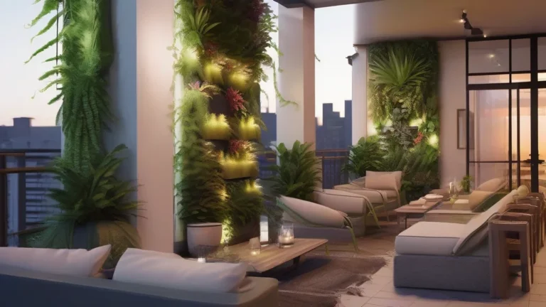 A lush, modern biophilic modular garden wall installed on a luxury urban balcony at sunset.
