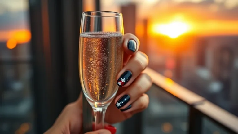 7 Viral July 4 Nails Ideas That Are Taking Over Your Feed 4 A close-up of perfectly manicured almond nails featuring red, white, and blue star designs, held elegantly near a champagne flute in a luxury outdoor setting.