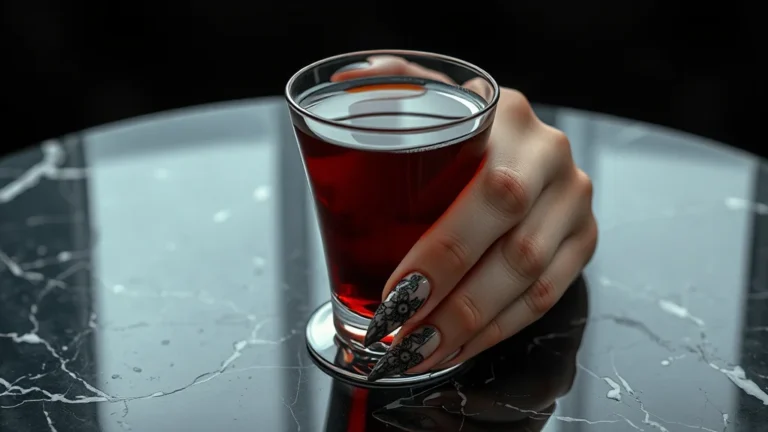 Close-up of elegant stiletto nails with lace design in a luxury setting for Halloween.