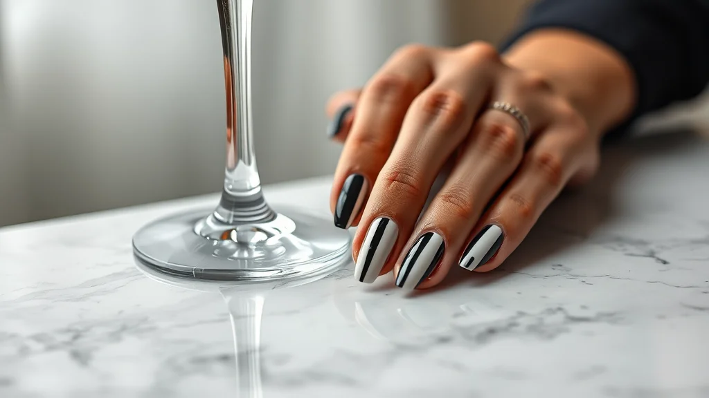 Striped Nails: 7 Chic Designs You Need to Try for Your Next Manicure 1 Close up of elegant almond-shaped striped nails in a luxury setting.
