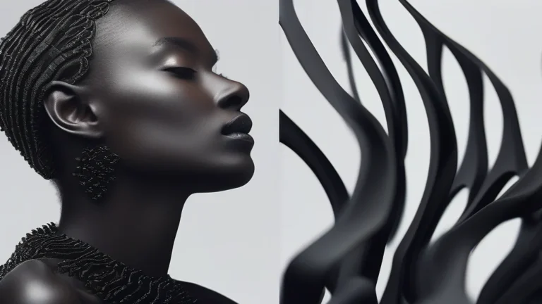 A fashion model wearing sophisticated 3D-printed jewelry in a minimalist, high-end studio setting.
