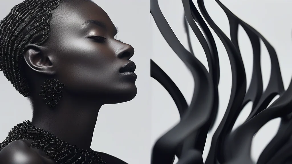 A fashion model wearing sophisticated 3D-printed jewelry in a minimalist, high-end studio setting.