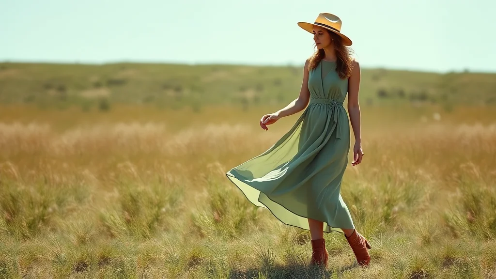 A fashion-forward woman stands in a meadow wearing a sage green midi dress and tan boots, captured in a clear, high-resolution editorial style.