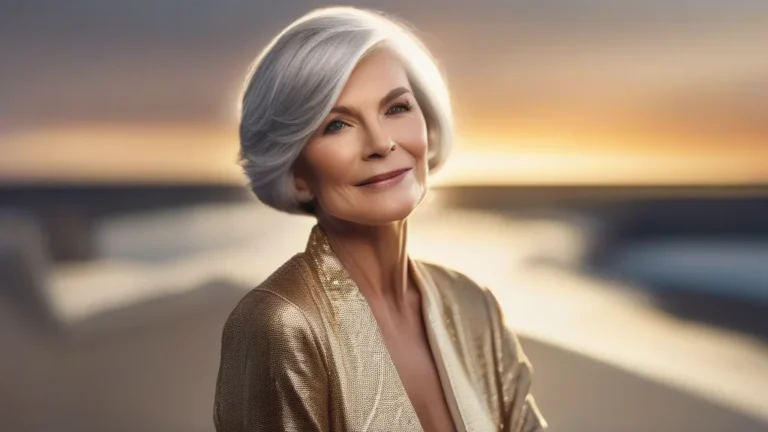 Elegant silver bob hairstyle on a mature woman, professional beauty portrait.