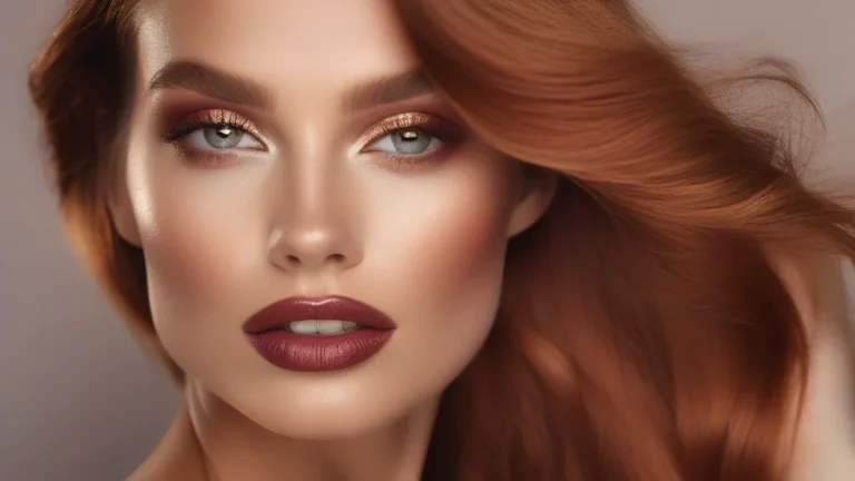 Close-up beauty portrait showing a woman with voluminous wavy auburn hair and professional fall makeup trends.