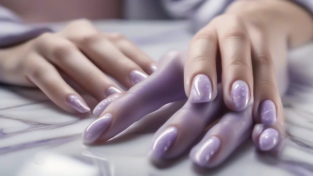Close up of aesthetic middle school nails in soft lavender with star art.