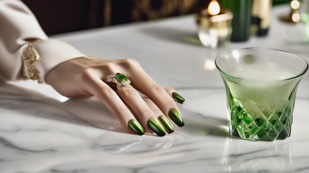Peridot Nails: The Vibrant Green Trend Defining Luxury Manicures 1 Close-up of luxury almond-shaped peridot green nails resting on a marble table.