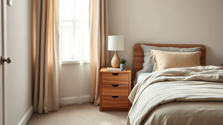 7 Viral Hacks for the Perfect Dorm Nightstand Setup 2 A stylish, organized dorm room corner featuring a compact nightstand, soft bedding, and natural sunlight, captured in high-end architectural photography.