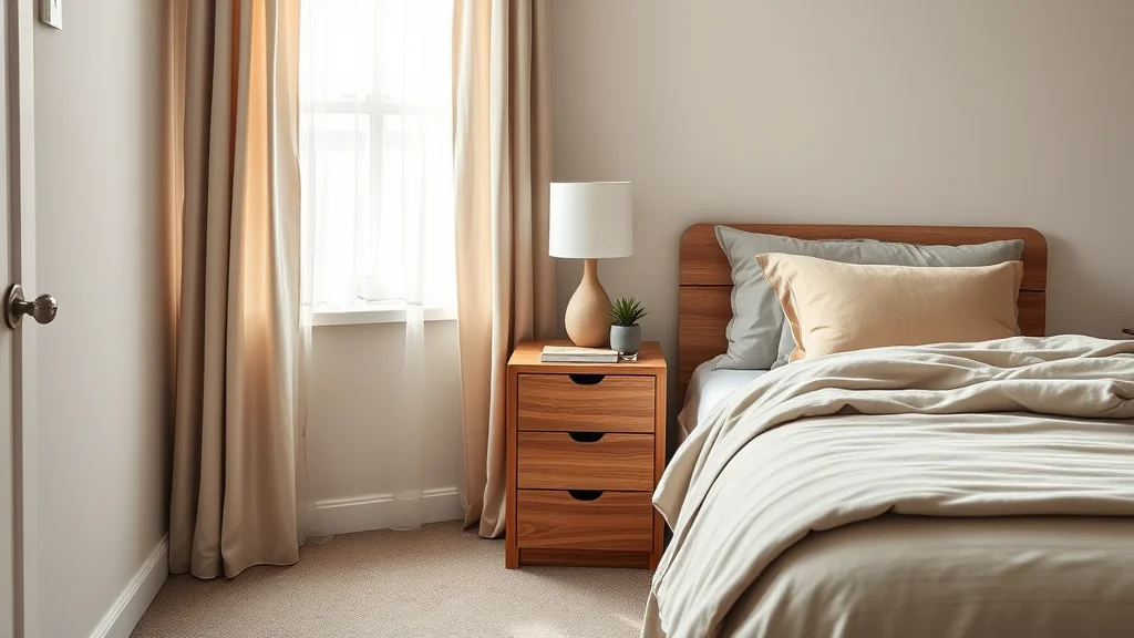 A stylish, organized dorm room corner featuring a compact nightstand, soft bedding, and natural sunlight, captured in high-end architectural photography.