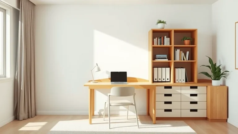 7 Genius Dorm Desk Hutch Ideas to Double Your Study Space 4 A sun-drenched, organized college dorm desk featuring a wooden hutch with decorative plants and books in a clean, minimalist room.