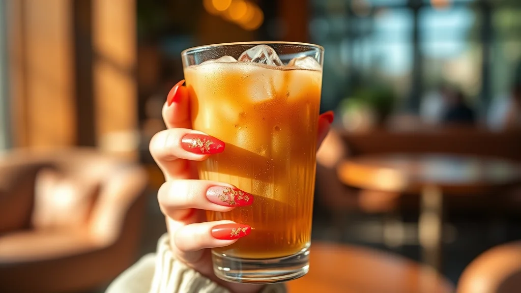 7 July Nails Trends That Will Make Your Summer Manicure Pop 1 A close-up shot of well-manicured almond-shaped nails with coral polish and gold leaf, held near an iced coffee in a chic, sunlit setting.