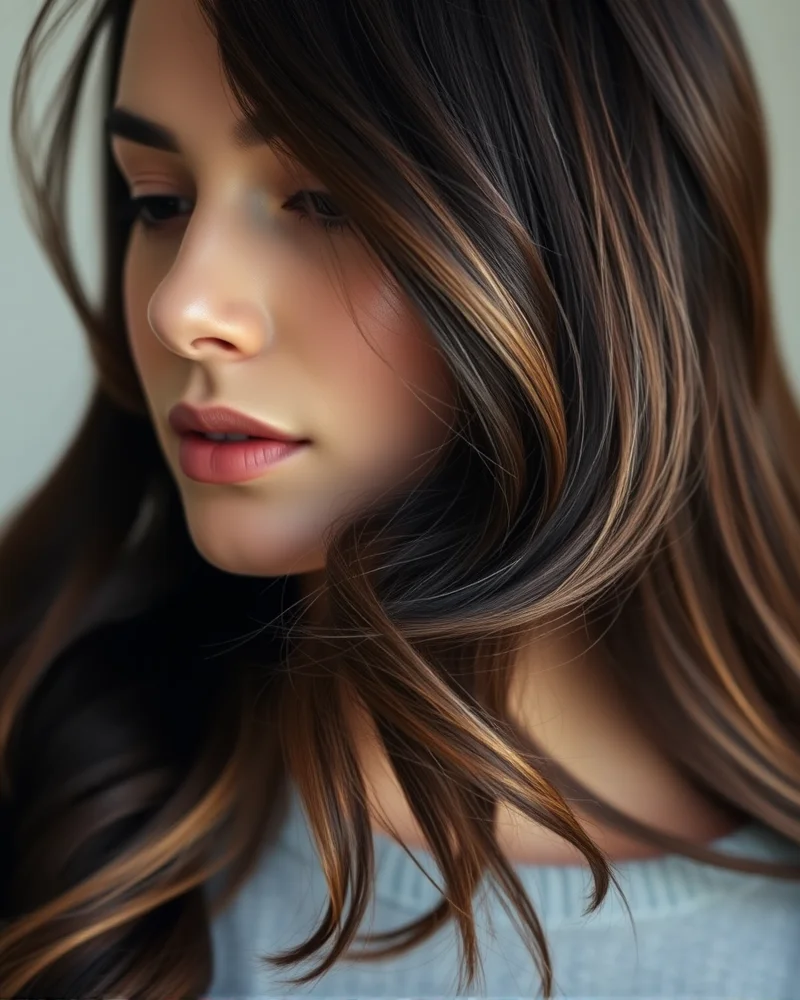 Woman with brunette hair and caramel balayage highlights in a salon setting.
