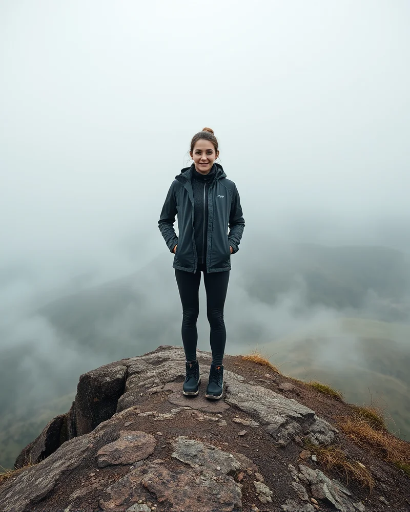 The Ultimate Hiking Outfit Women’s Guide: Functional Meets High Fashion 2 Woman wearing a high-performance, weather-ready hiking outfit on a mountain ridge.