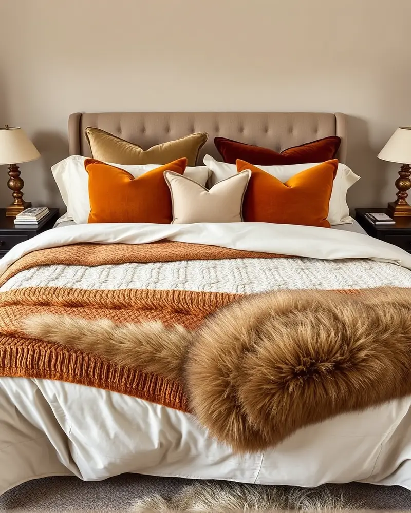 Close up of layered fall bedding with velvet, wool, and faux fur textures.