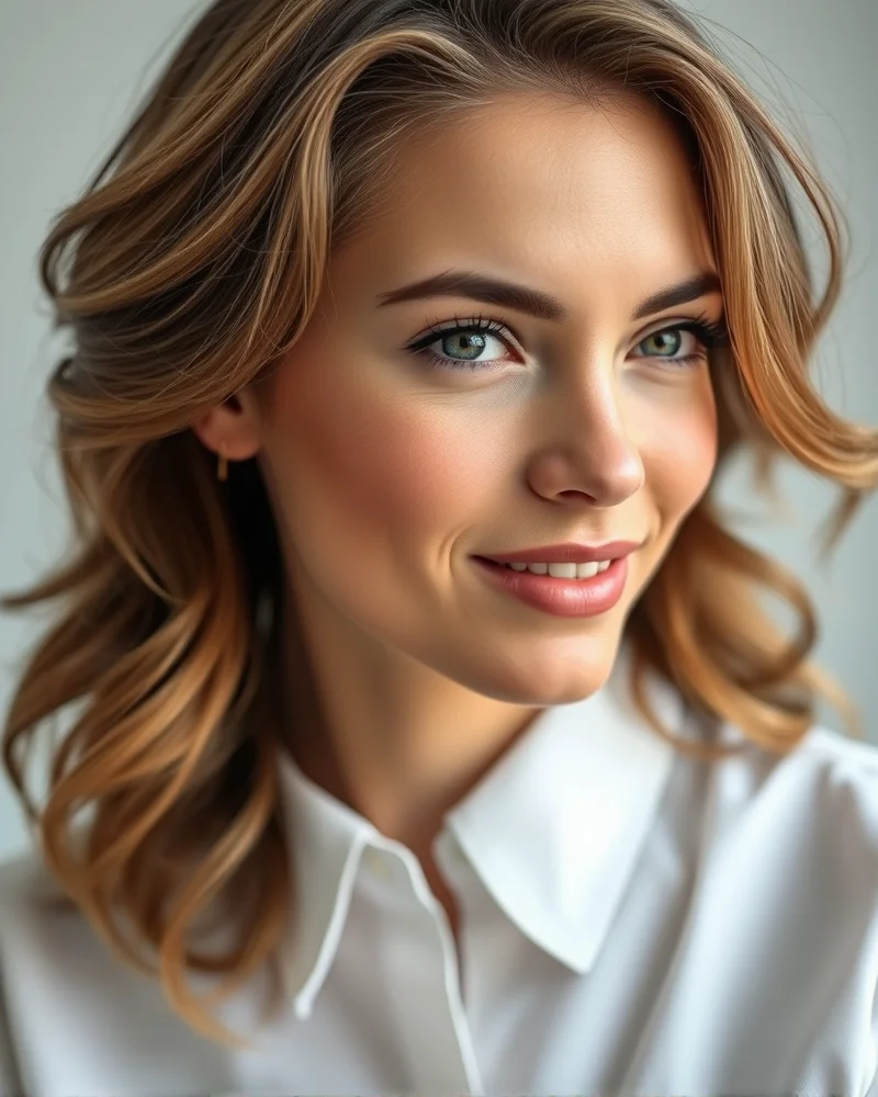 Model with radiant glowing skin and a voluminous blowout, perfect for a professional office clean girl look.