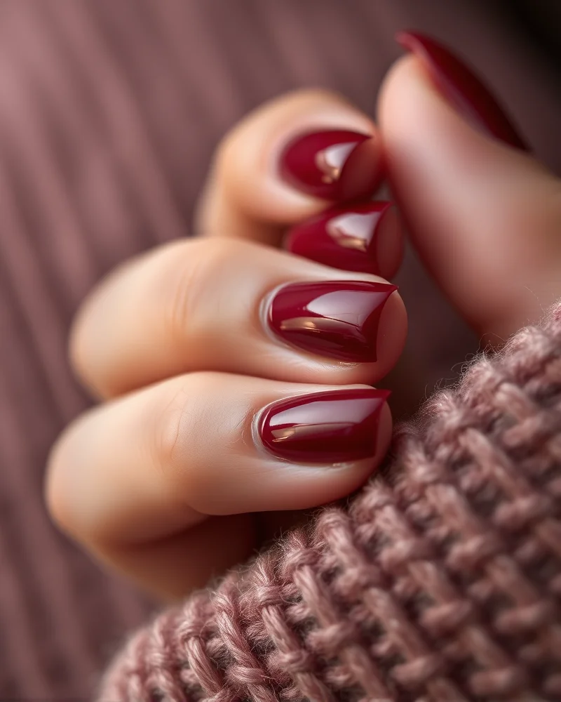 10 Chic Short Fall Nails: The Ultimate Autumn Manicure Edit 2 Close up of short fall nails in glossy oxblood red polish.