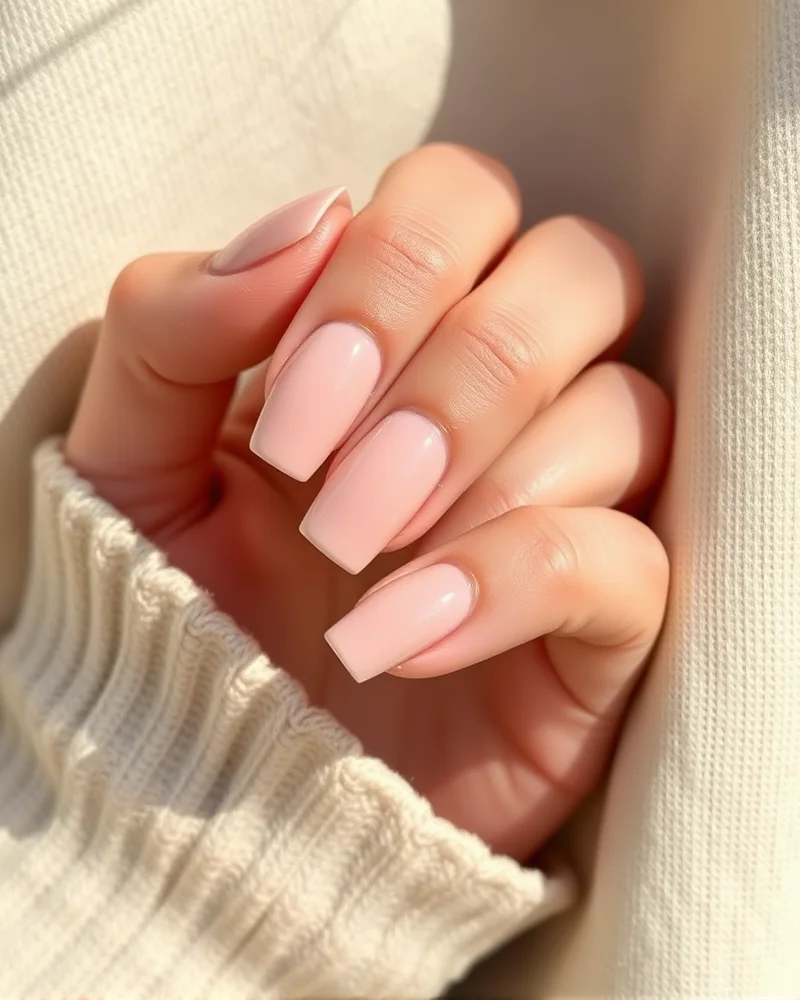 15 Chic & Simple August Nails to Elevate Your Late Summer Aesthetic 2 Close up of short, square-shaped sheer nude simple August nails with a high-gloss finish.