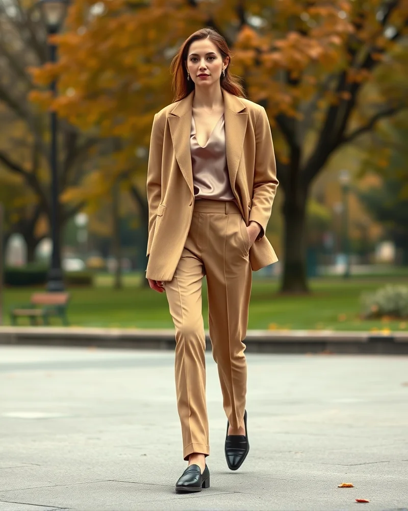 Fall Outfits 2026 Women: The Ultimate Editorial Style Guide 2 Professional woman wearing a tailored camel blazer, defining the standard for fall outfits 2026 women.