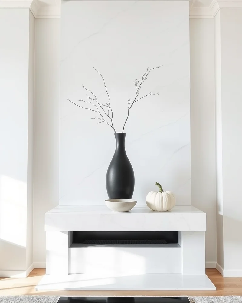 Minimalist fall mantle decor featuring neutral tones, architectural ceramics, and sparse styling.