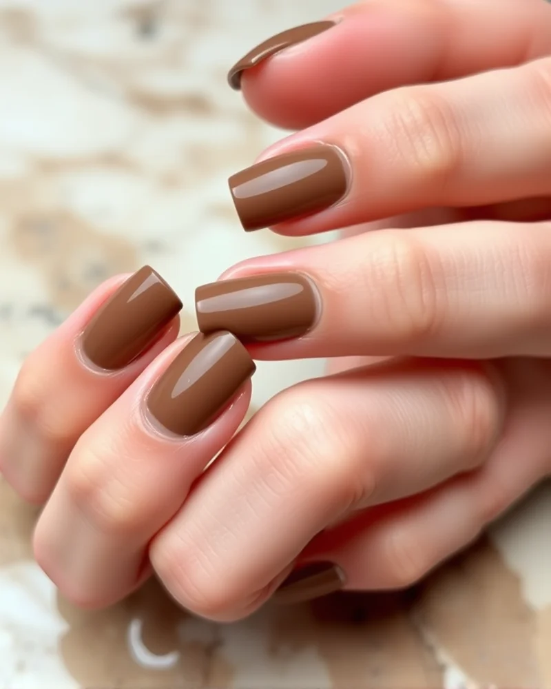 Sophisticated mocha-colored square nails on marble background.