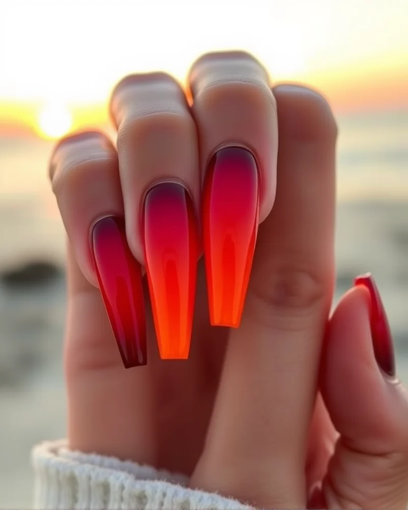 10 Chic End of Summer Nails Ideas to Transition Into Autumn 2 Almond-shaped nails with a sunset gradient transitioning from orange to burgundy.