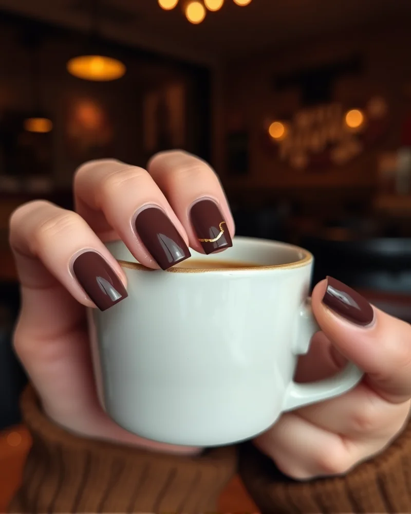 10 Chic Fall Short Nails: The Ultimate Seasonal Manicure Guide 2 Short square espresso brown nails with gold line art for autumn
