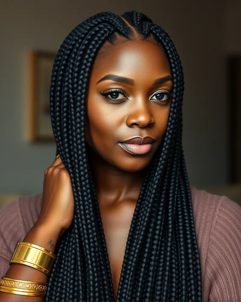 10 Chic Fall Hairstyles for Black Women: The Ultimate Seasonal Guide 2 Long knotless box braids with gold accessories, perfect fall protective style for Black women.