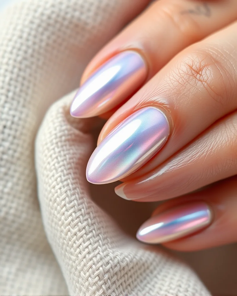 10 Trendy Nails for August: The Ultimate Guide to Late Summer Manicures 2 Trendy glazed chrome manicure for August with high-shine pearl finish on almond nails.