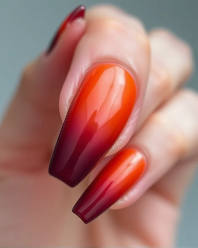 August September Nails: The Ultimate Transition Manicure Guide 2 Sunset ombre coffin nails representing the shift from August to September.
