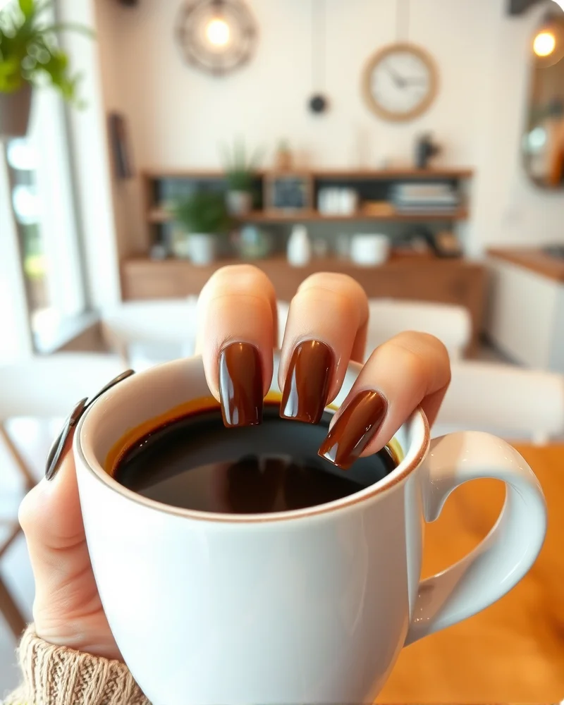 15 Chic September Nails Designs to Elevate Your Seasonal Transition 2 Glossy espresso brown September nails designs on square nails.