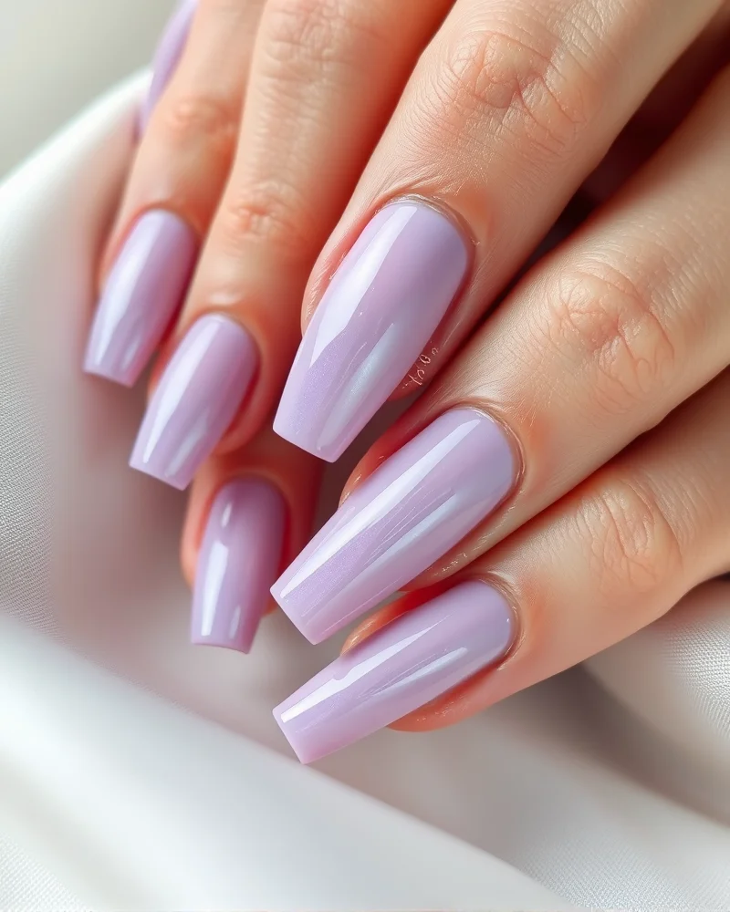 Short square nails featuring a fresh spring pastel lavender glazed chrome finish.