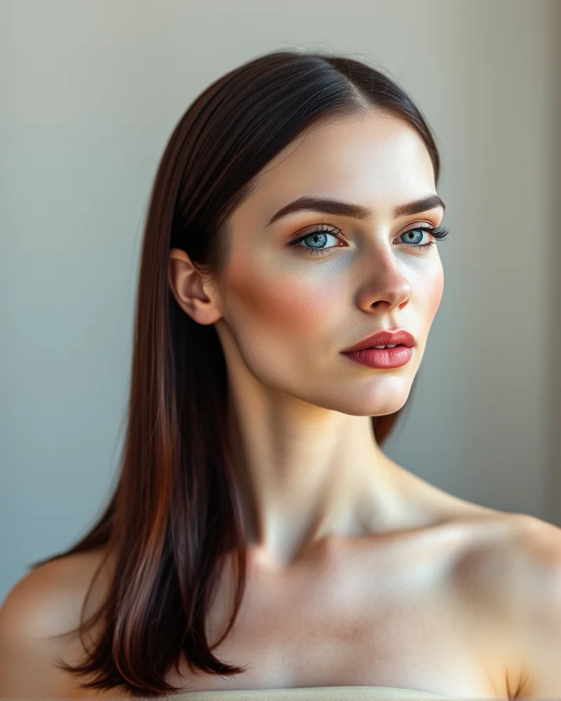 A woman with pale skin and shoulder-length deep wine burgundy hair.