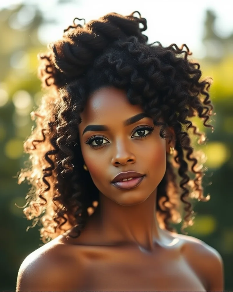 A stunning high half-up top knot for curly hair showing maximum volume.